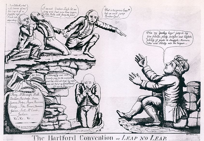 The Hartford Convention. Political cartoon shows three New England states on the ledge plotting to jump into the arms King George III.