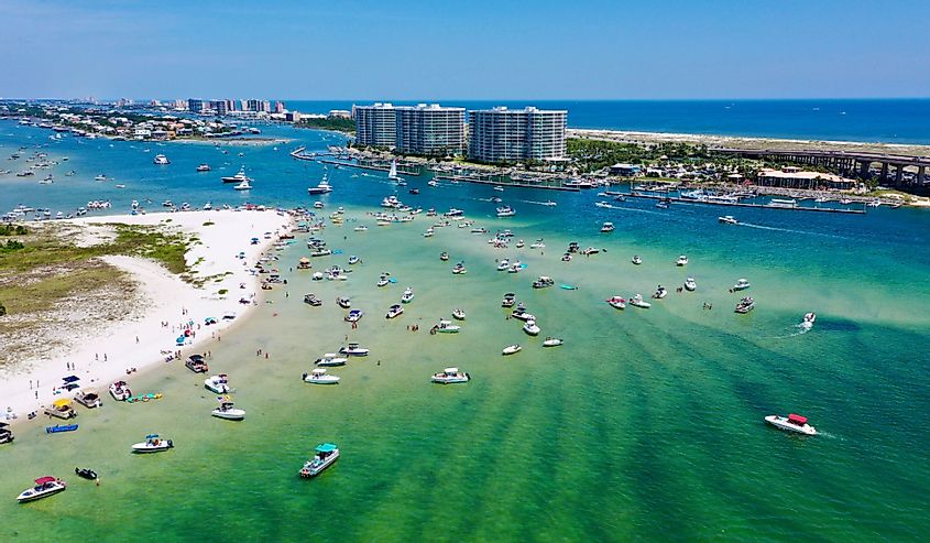 Aerial view of people and boats on the water in Orange Beach, Alabama