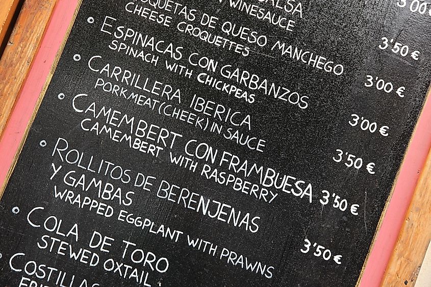 Restaurant menu in Spanish - outdoor bar in Seville, Spain