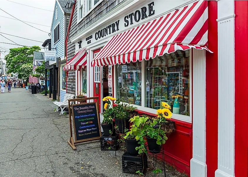 Rockport, Massachusetts, USA - July 7, 2024: Traditional Design Country Store in Rockport with Striped Awnings, Massachusetts, USA. Artography via Shutterstock