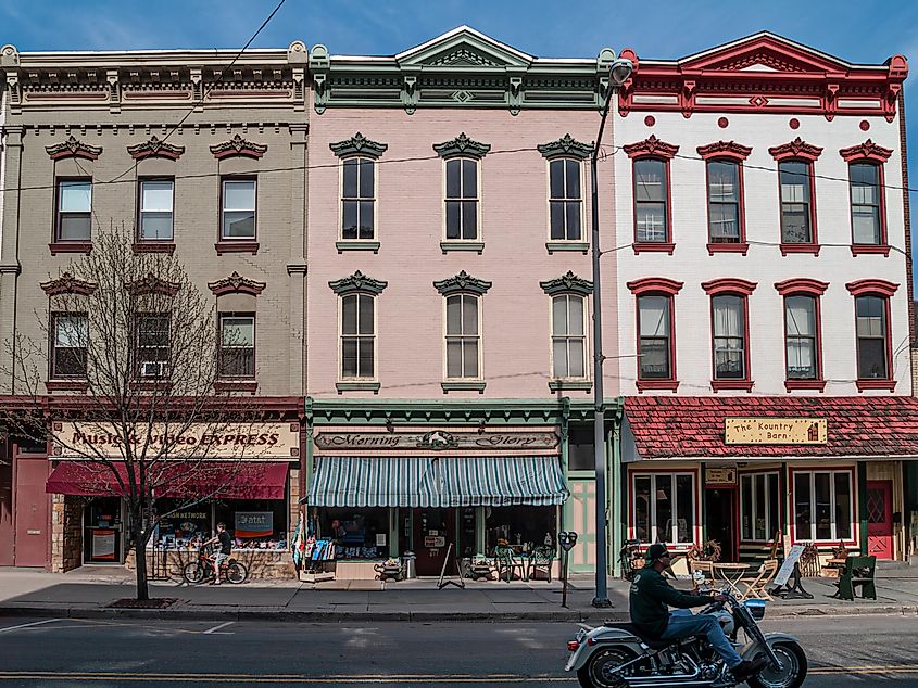 A look at Main St with classic storefronts in Honesdale, Pennsylvania.