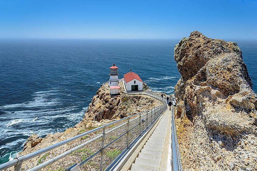 Point Reyes Lighthouse, ladder steps down to a lighthouse on the rock