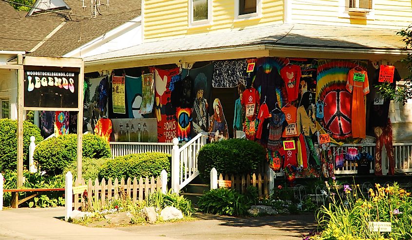 A store in Woodstock, New York, invokes the spirit of 1969, selling vintage styles and posters of rock stars from the 1960s.