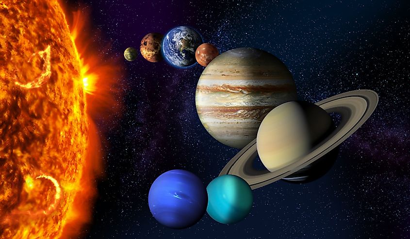 Sun and the planets of our Solar system on starry space background