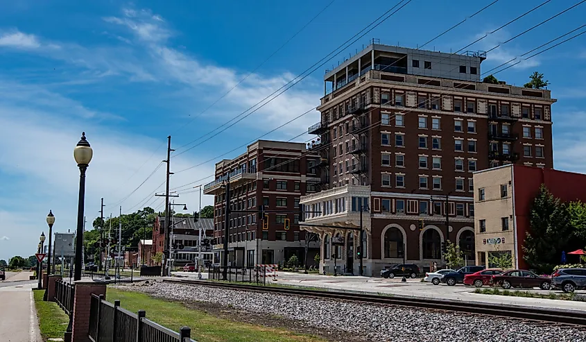 A view of the former Hotel Muscatine and the newly buillt Merrill Hotel and Conference Center as viewed from Harbor Drive in Riverside Park, Muscatine, Iowa.