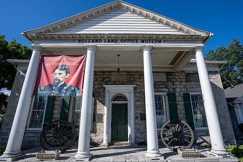 Batavia, NY - July 29. 2022: Holland Land Office Museum is a National Historic Landmark. Batavia is in Genesee County and is considered the Birthplace of Western New York.