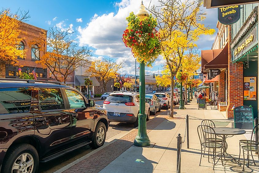 Shops and sidewalk cafes on Sherman Avenue in Coeur d'Alene, Idaho