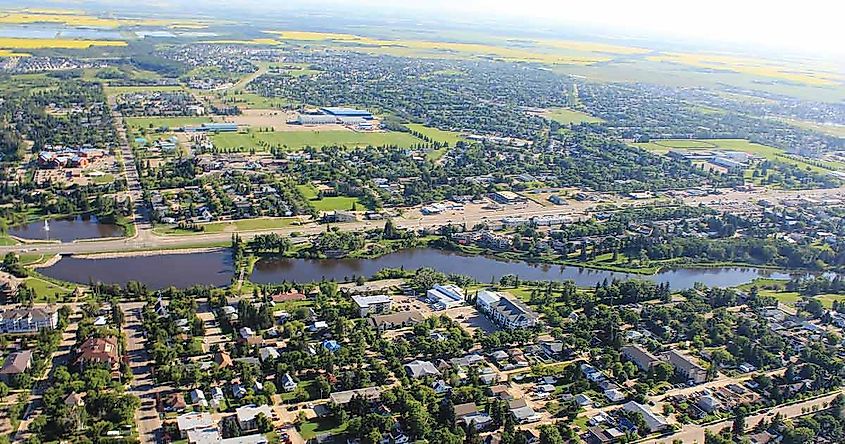 Aerial view of Camrose, Alberta with Mirror Lake in the foreground and looking south