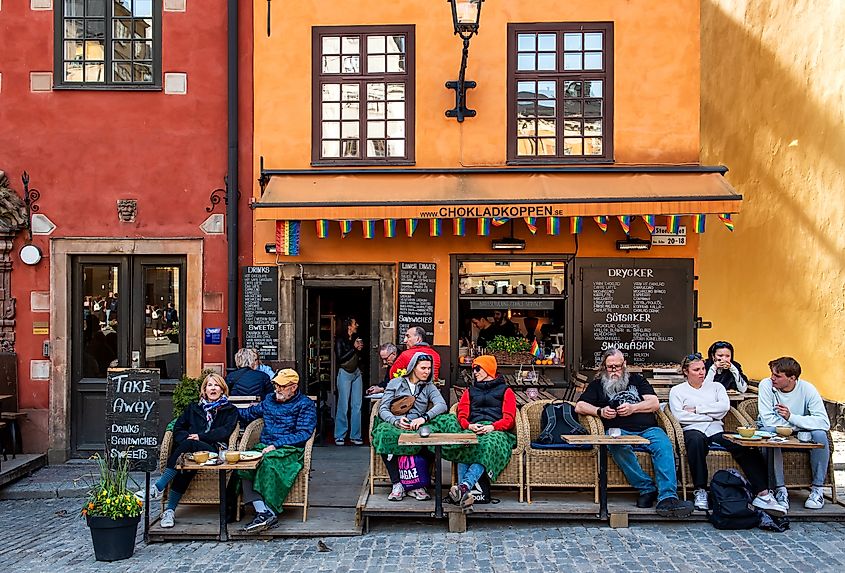 Stockholm, Sweden - May 2, 2024: Chokladkoppen, a famous coffee shop at Stortorget Square in Stockholm, is a great place to have a cup of warm chocolate in a cold day.