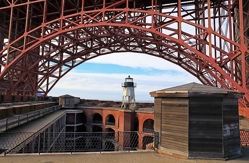 Fort Point and its lighthouse sit beneath the southern section of the famous Golden Gate Bridge.