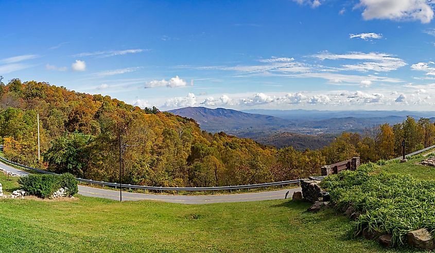 Panoramic Autumn view of the southern Appalachian Mountains from Little Switzerland North Carolina off the Blue Ridge Parkway.