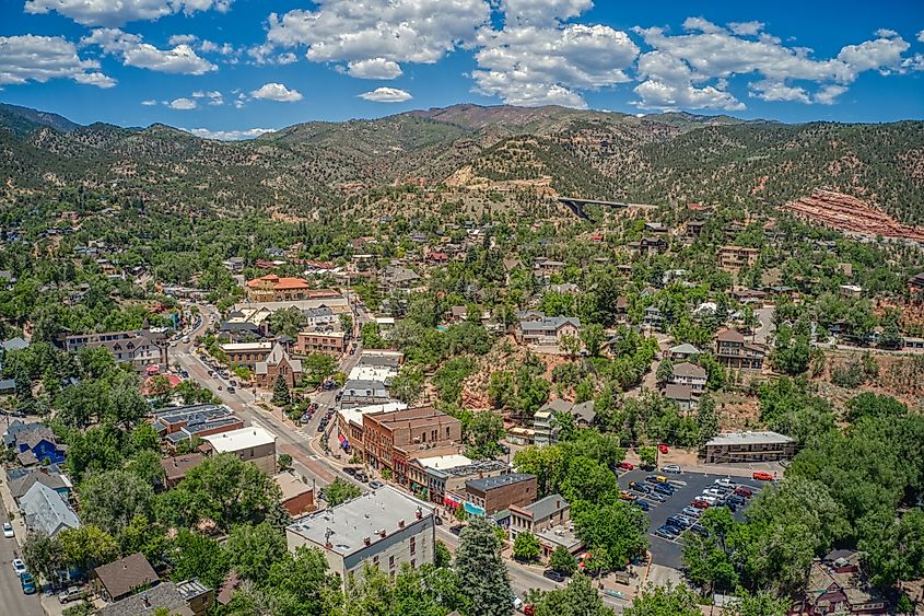 Aerial view of Downtown Manitou Springs, Colorado.