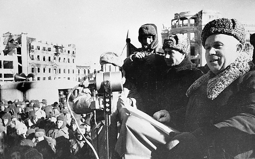 Khrushchev (right) speaking at a victory rally of Red Army soldiers in Stalingrad, 4 February 1943