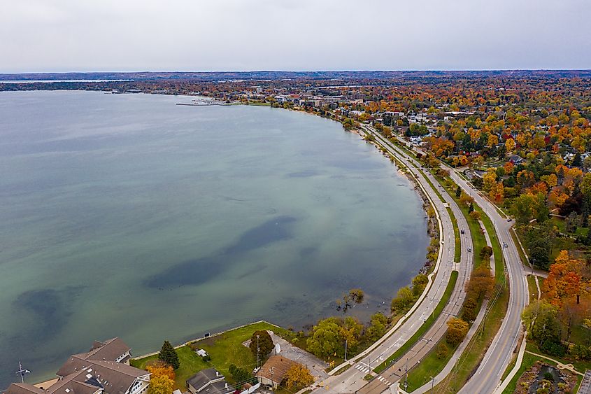 erial photo of Traverse City, Michigan, during the fall.