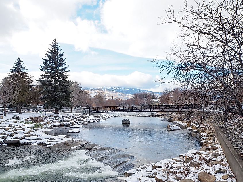 The beautiful view with snow on the stone at Truckee River walk near downtown Reno during winter