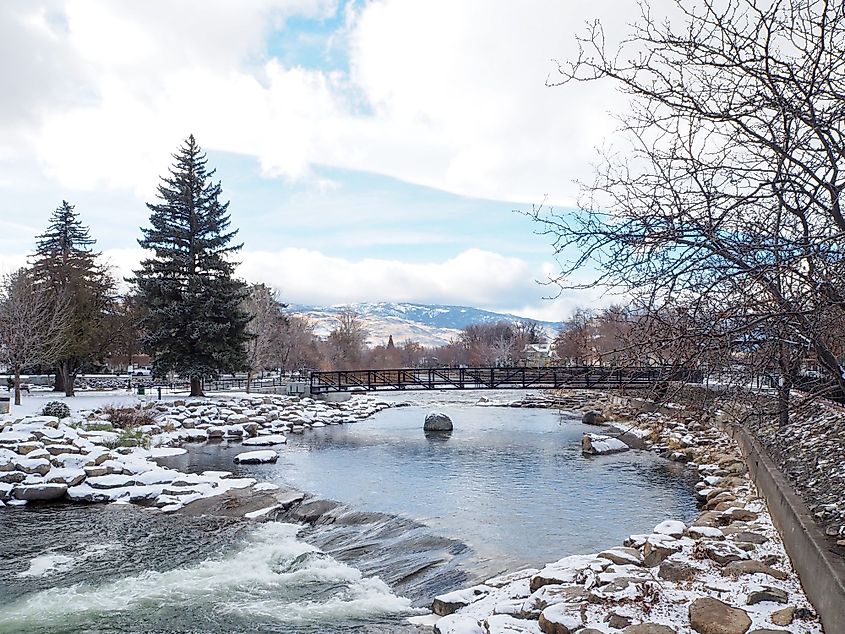 The beautiful view with snow on the stone at Truckee River walk near downtown Reno during winter