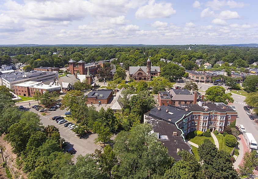 Lutheran Church, Sacred Heart Parish and First Baptist Church aerial view in Newton Centre, Massachusetts