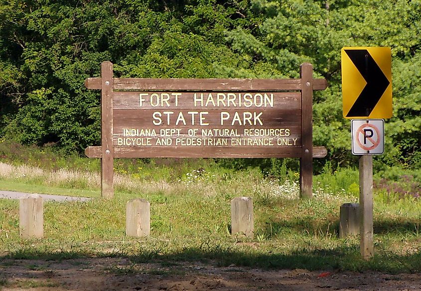 The rear, free entrance for bicyclists and pedestrians to Fort Harrison State Park, Indianapolis, Indiana.