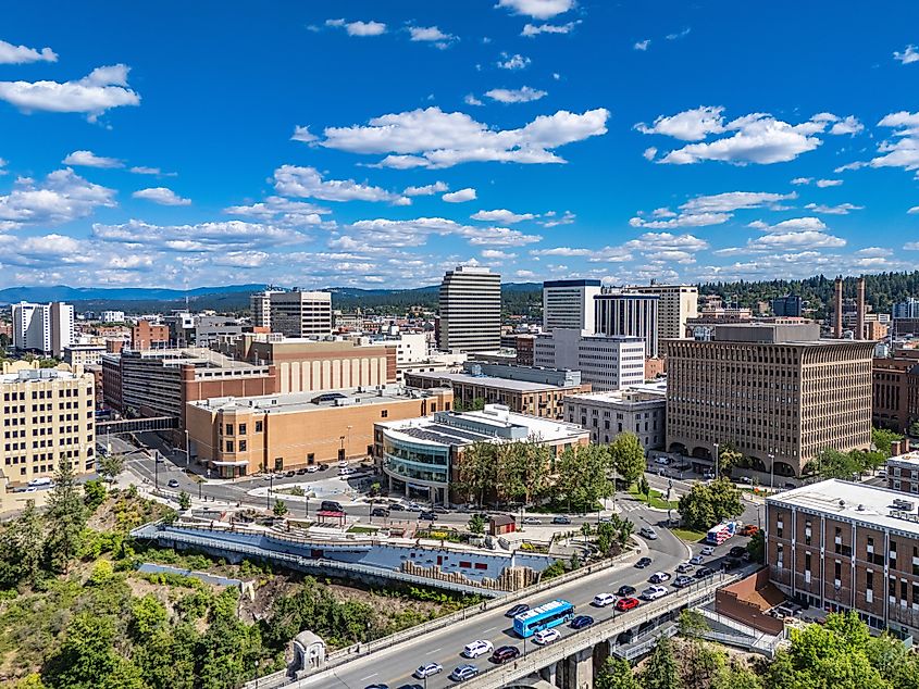 Aerial view of downtown Spokane, Washington. 