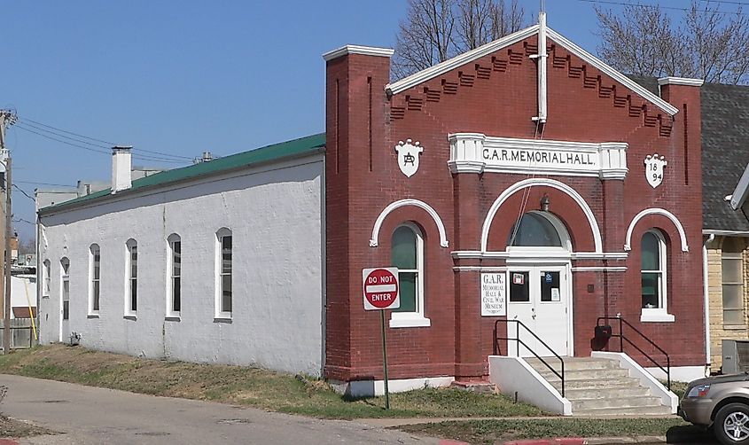 G.A.R. Hall at 908 1st Corso, Nebraska City, Nebraska, viewed from the southwest.