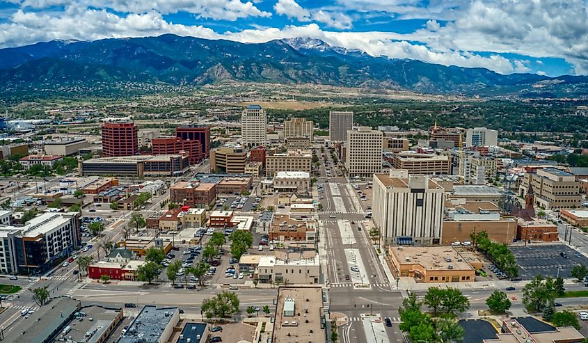 Downtown Colorado Springs with Rocky Mountains and Pike's Peak