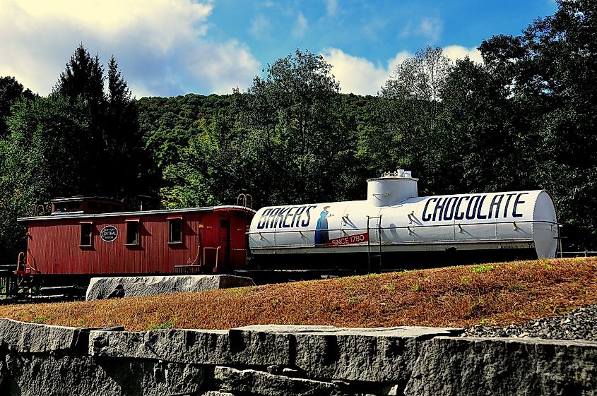 Vintage 1923 Baker's Chocolate tank car at the Chester Railway Station and Museum in Chester, Massachusetts.