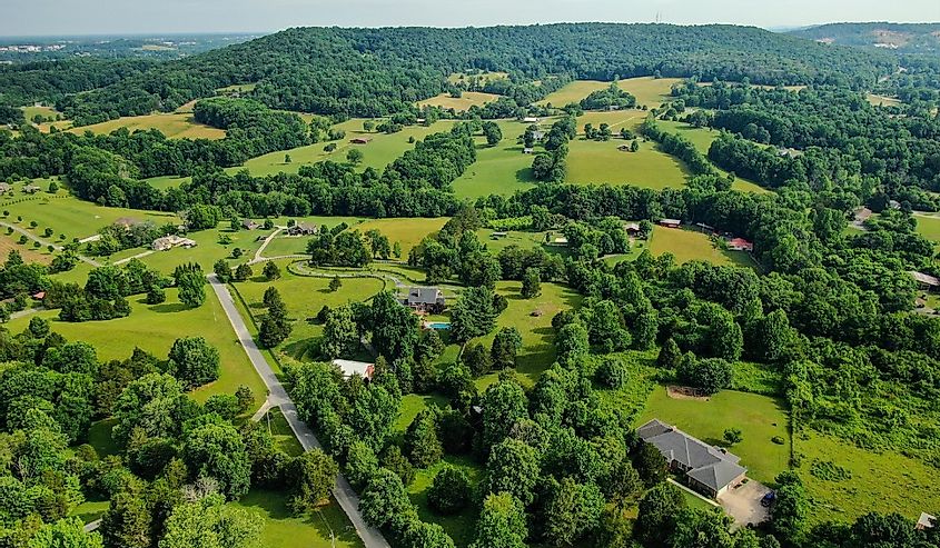 Aerial view of Tennessee country side in Cookeville, Tennessee