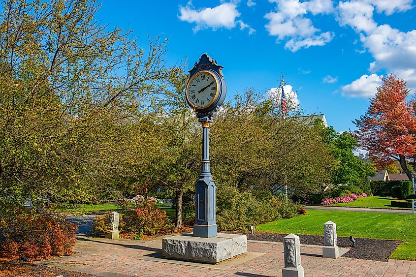 Town of Holden clock at town common in historic town center of Holden, Massachusetts MA, USA.
