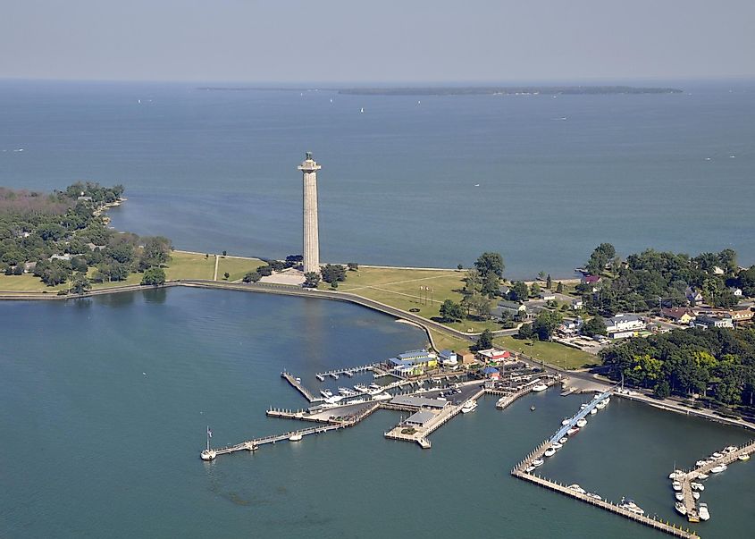 Aerial view of Put in Bay's marina and Perry's Victory & International Peace Memorial