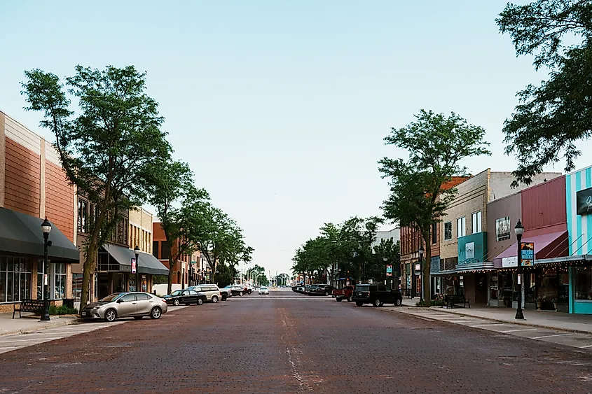 A wide view of the historic Bricks District in downtown Kearney, Nebraska.