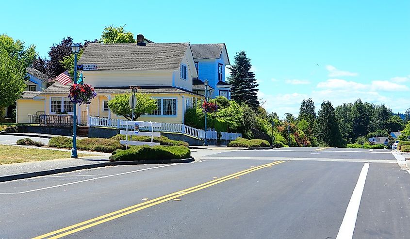Main street in historical town Steilacoom, Washington.