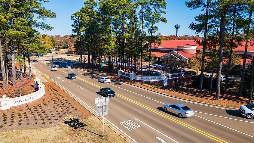 The University of Mississippi sign is at the entrance of the campus in Oxford, Mississippi