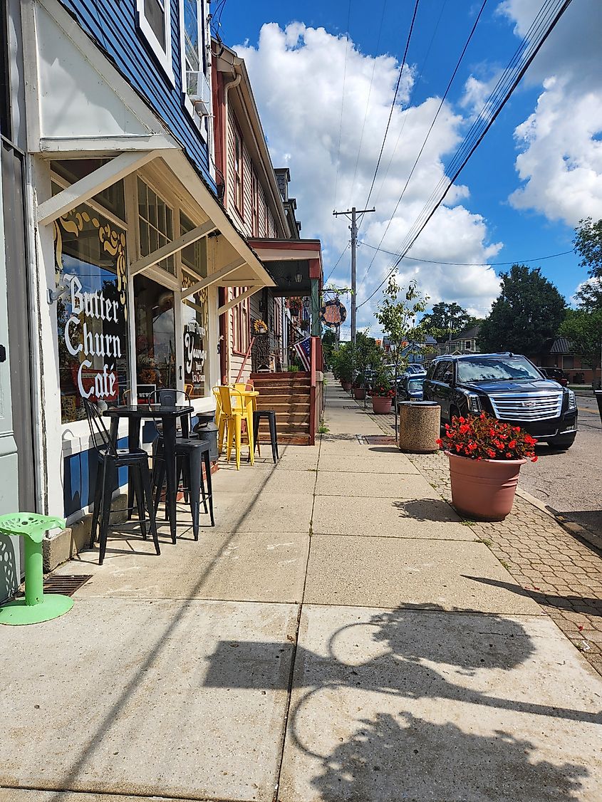 Butter Churn Cafe and Downtown Storefronts on a Sunny Summer Day in Waynesville, Ohio