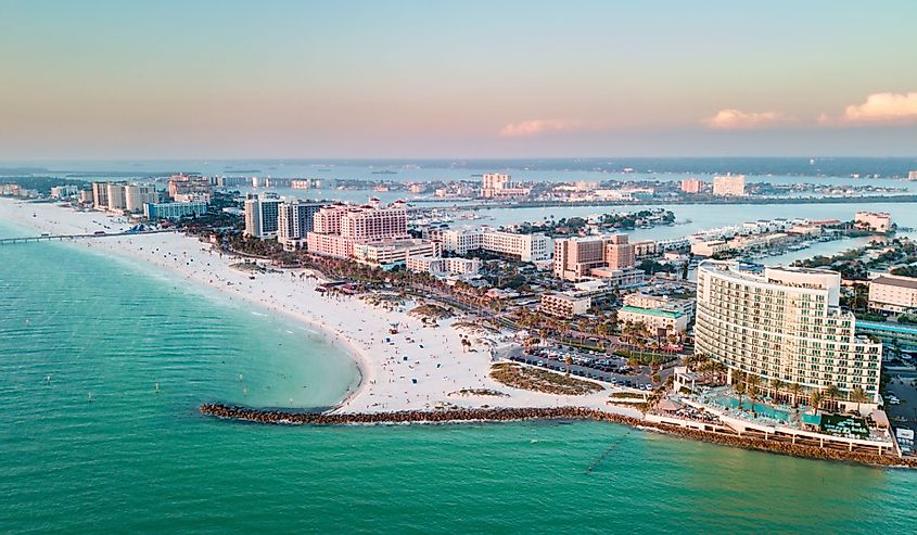 Panorama of city Clearwater Beach Florida with sandy beaches.