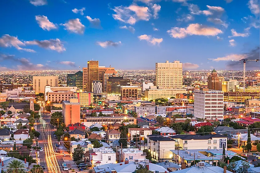 El Paso, Texas, downtown city skyline at dusk with Juarez, Mexico, in the distance