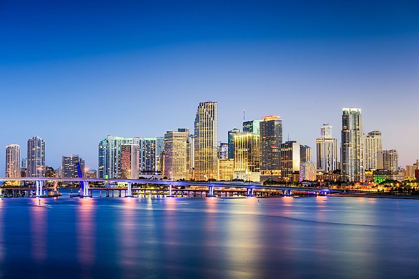 Miami, Florida, skyline on Biscayne Bay at night. 