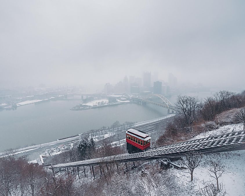 The Duquesne Incline above Pittsburgh, Pennsylvania, during a snow storm.