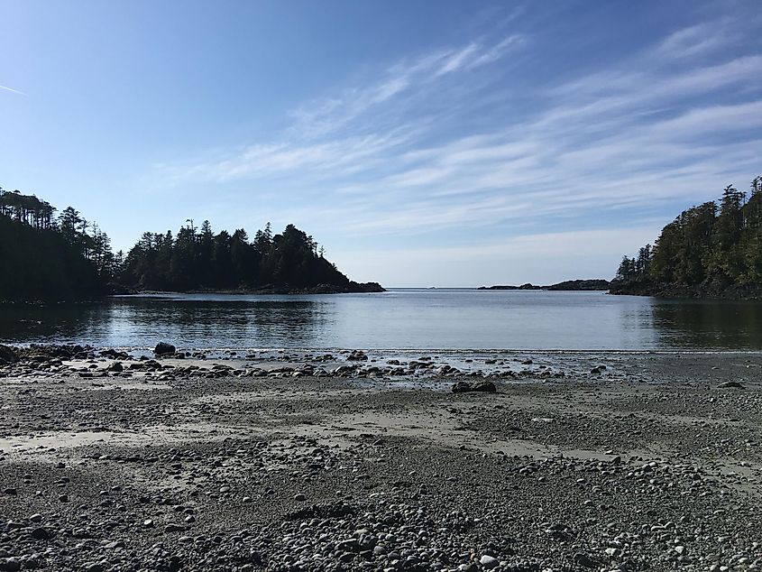 A pebbly beach looking out over a small bay.