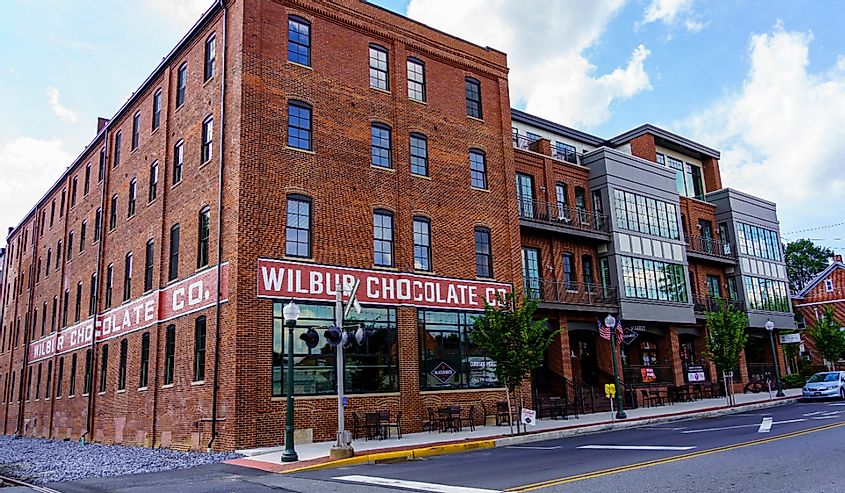 The former Wilbur Chocolate factory has been refurbished into a hotel, restaurant, and food market in the downtown area of Lititz, Pennsylvania.
