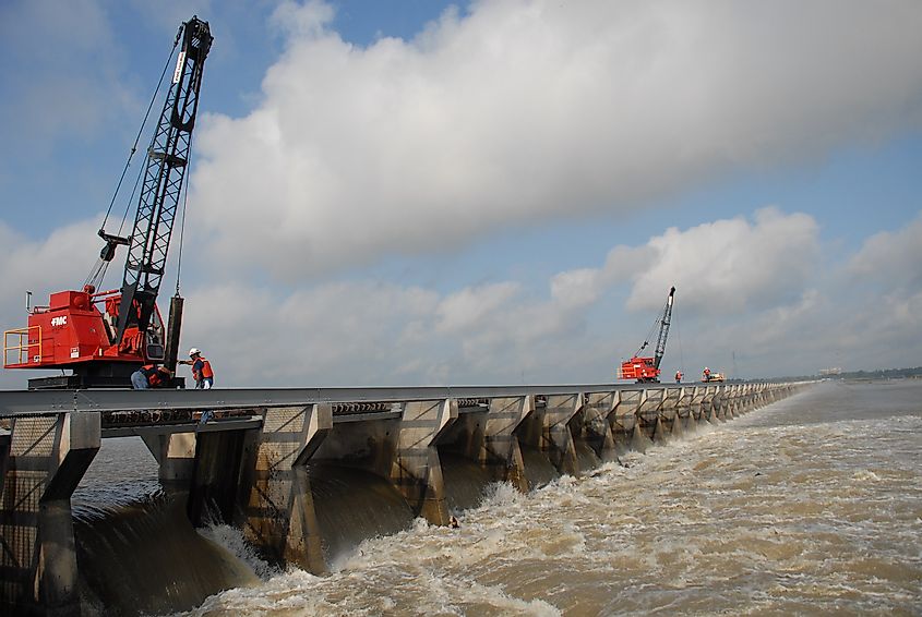 The Bonnet Carré Spillway diverting excess Mississippi River water
