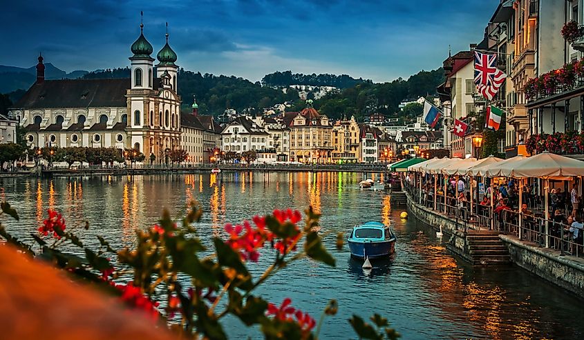 Embankment of Reuss at night, Lucerne, Switzerland