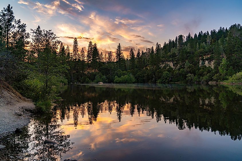 Reflections on Hirschman Pond on Hirschman Trail in Nevada City, California in Nevada County in the Tahoe National Forest