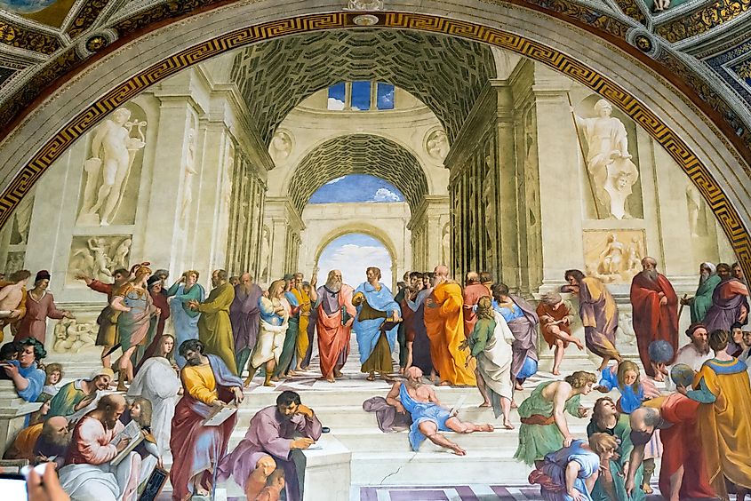 School of Athens, a Renaissance painting by Raphael in Stanze di Raffaello, Vatican Museum, Rome, Italy. Aristotle and Plato among other philosophers in center of famous wall fresco.