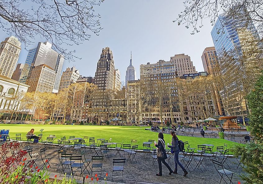 Tourists at the Green Lawn and Skyscrapers in Bryant Park.