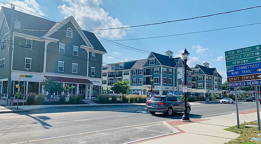 The newly completed streetscape of Brookfield's Town Center District, also known as Four Corners.