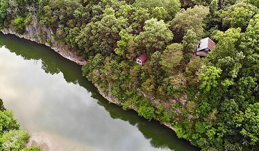 Rocky river bluffs and green trees near Greeneville, Tennessee