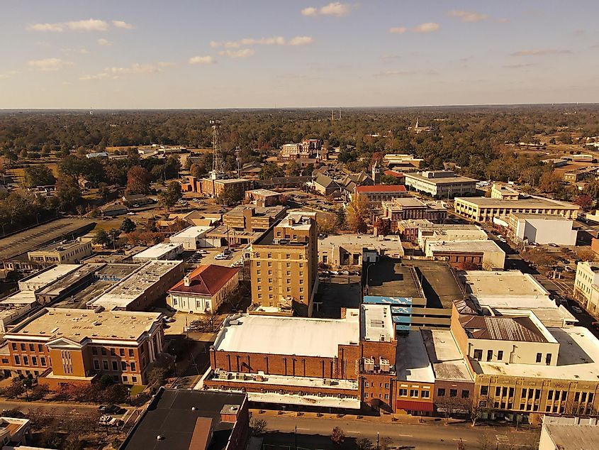 Arial photography of Downtown Hattiesburg Mississippi cityscape
