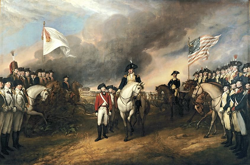 This painting depicts the forces of British Major General Charles Cornwallis, 1st Marquess Cornwallis (1738-1805) (who was not himself present at the surrender), surrendering to French and American forces after the Siege of Yorktown