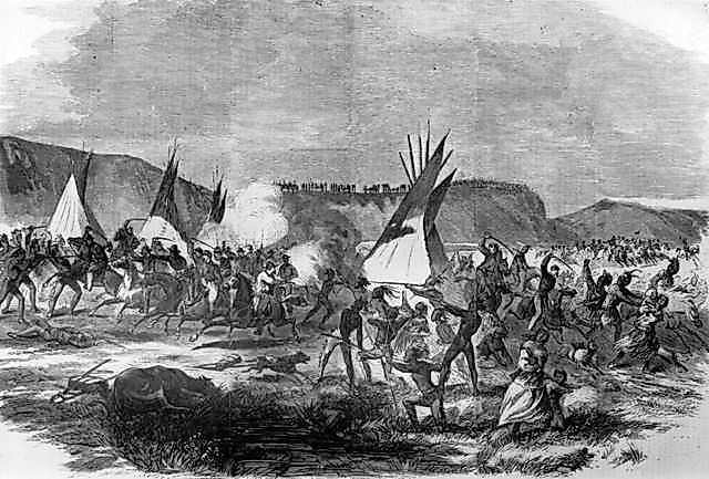A Native American (Sioux) camp is being invaded by Sully's brigade during the Dakota Wars at the Battle of White Stone Hill, North Dakota, September 3, 1863.