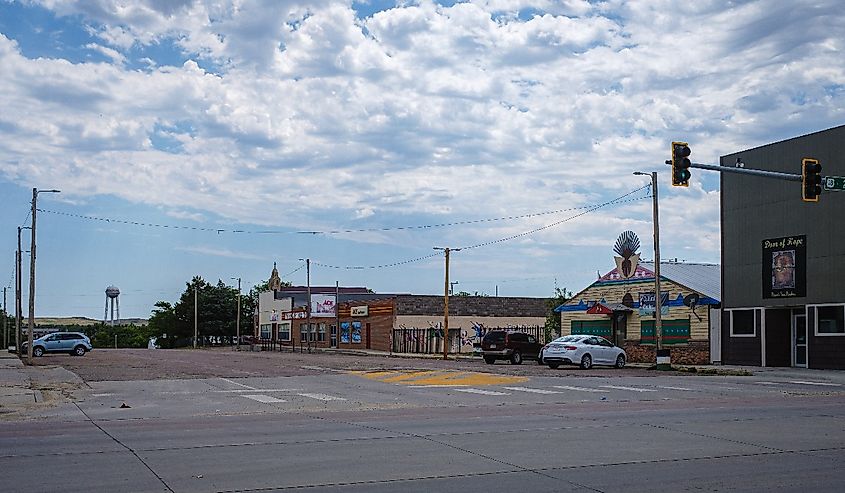 Downtown view of small town Mission, South Dakota